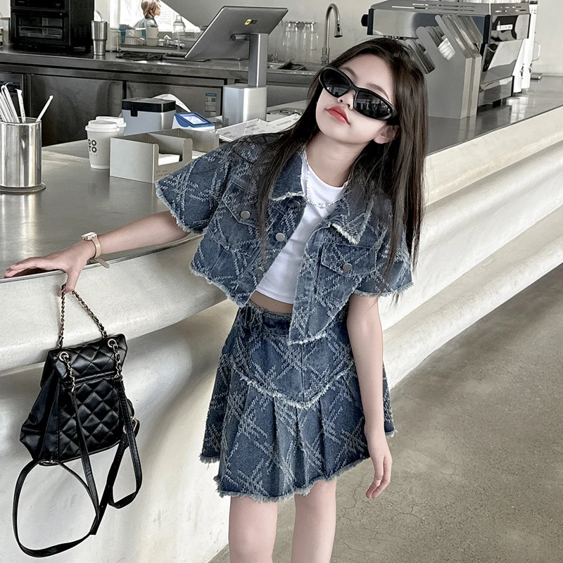 

2024 New Children's Mini Skirt Set Summer Girl Tassel Fashion Cardigan Short Sleeve+Personalized Cowboy Short Skirt 2pcs Set 13T