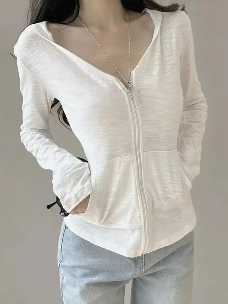 Women White Zip Up Hoodie Deep V Neck Long Sleeve Lightweight Slub Cardigan Y2k Slim Fit Casual Jacket Summer 2026