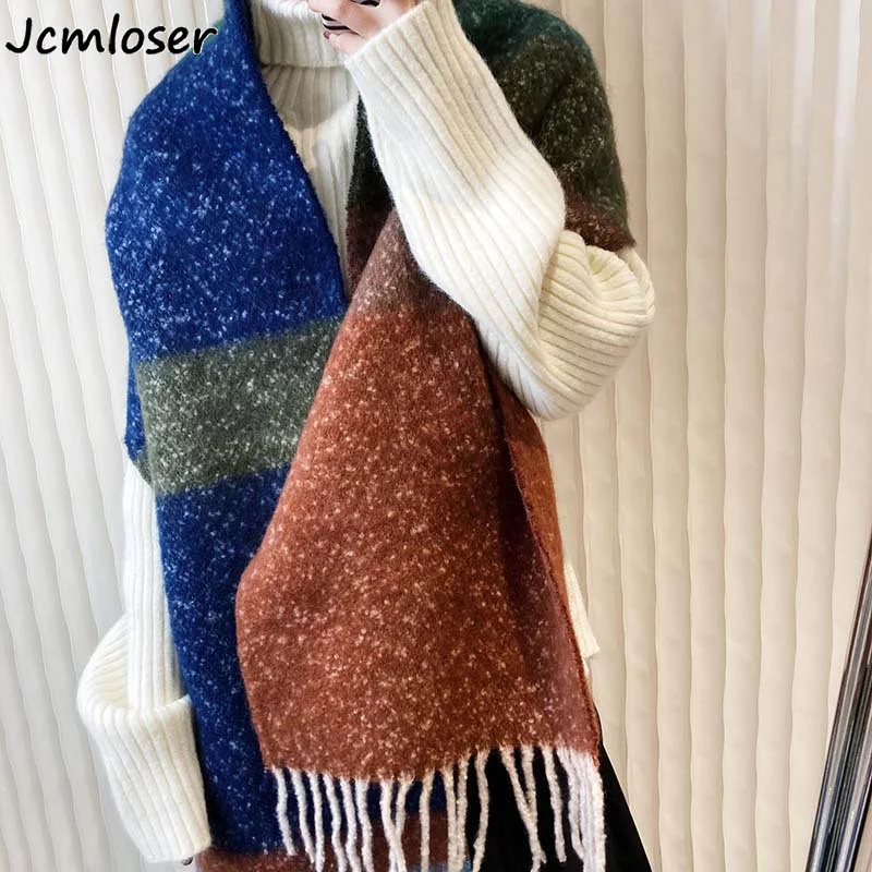 2022 Stripe splicing Winter Women Cashmere Warm Pashmina Foulard Female Scarves Wraps Soft Bufanda Tassels Shawl Long Stole