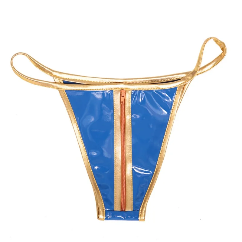 

Women Sexy G-string Low-waisted Tight-Fitting Front Zipper Shaping Thong Briefs Faux Leather Nightclub Stretchy Stylish Lingerie