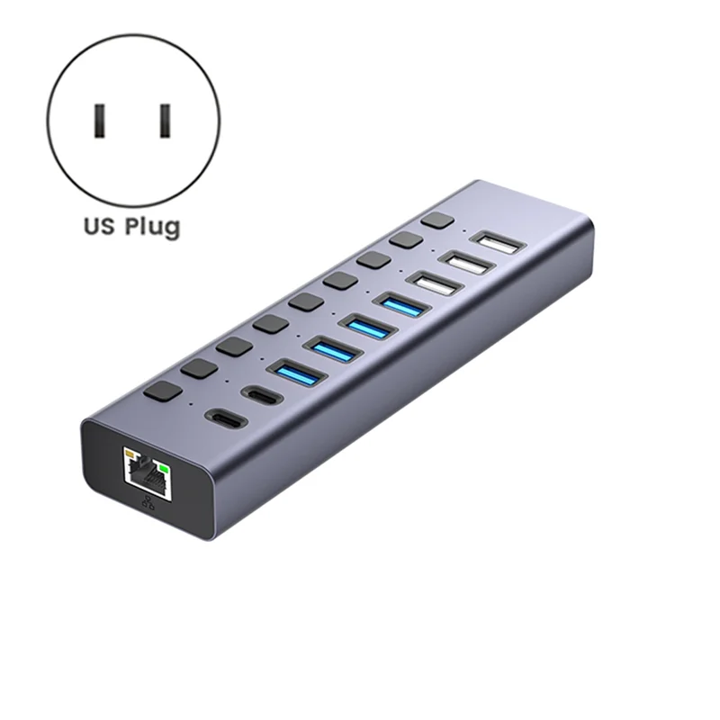 M20K USB Splitter Powered USB Hub Aluminum Port USB 3.0 Data Hub Splitter For Phone/Laptop US Plug