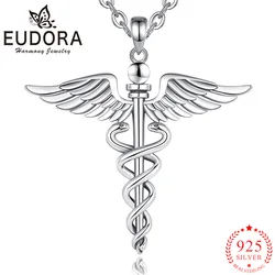 Eudora 925 Sterling Silver Caduceus Necklace Snake Wings Scepter Pendant Personality Jewelry Party Gift for Men Women