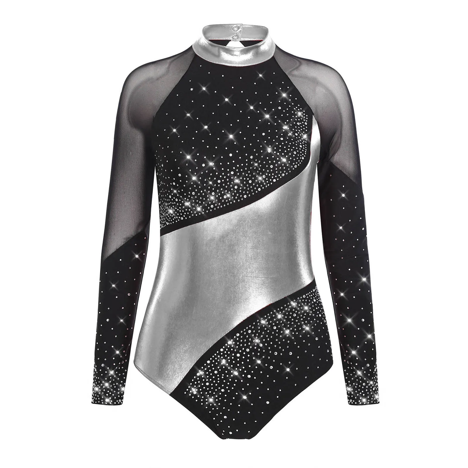 Gymnastics Acrobatics Dance Leotards for Women Unitards Ballet Costume Sheer Mesh Long Sleeve Shiny Rhinestones Dance Dresses