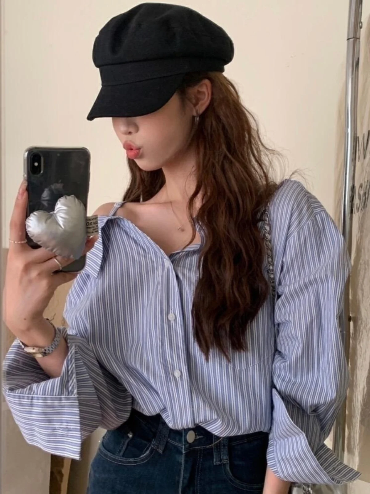 

Spring Stripe irt Women's Loose oulder Design Sense Quali Korean Sle Long Sve Button up Casual Top