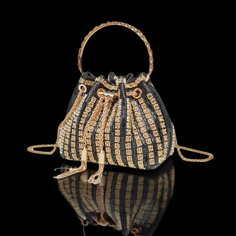 Fashionable Evening Bag with Rhinestone Trim, Handbag, Single Shoulder or Crossbody Bucket Bag with Tassel