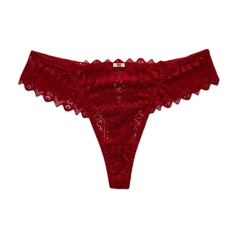 Women's Sexy Lace Thong Breathable Cross Belt Cutout Non-marking Low-rise T-pants Solid Color Charming Soft G-string Underwear