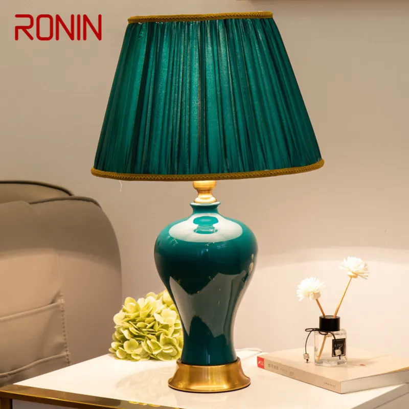 RONIN Modern Green Ceramics Table Lamp LED Creative Simple Bedside Desk Light Fashion Decor for Home Living Room Bedroom