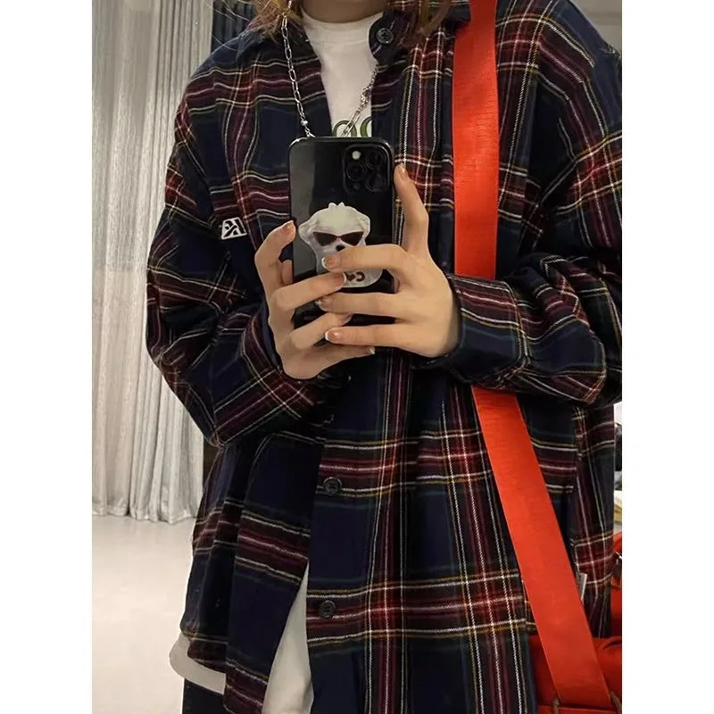 QWEEK Plaid Vintage Oversized Shirt American Retro Youthful Streetwear Preppy Women\'s Blouse Long Sleeve Button Clothes Autumn