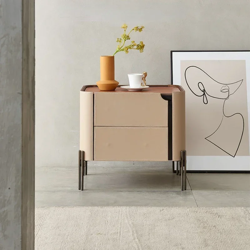 Luz minimalista luxo sela mesa de cabeceira de couro pequeno apartamento armário de armazenamento