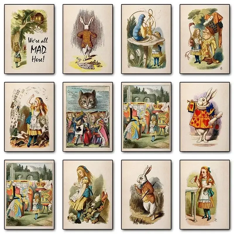 Póster Artístico de pared Retro de Alicia en el país de las Maravillas, impresiones clásicas, cubierta de libro de cuento de hadas, pintura en lienzo de dibujos animados para decoración del hogar y habitación de niños