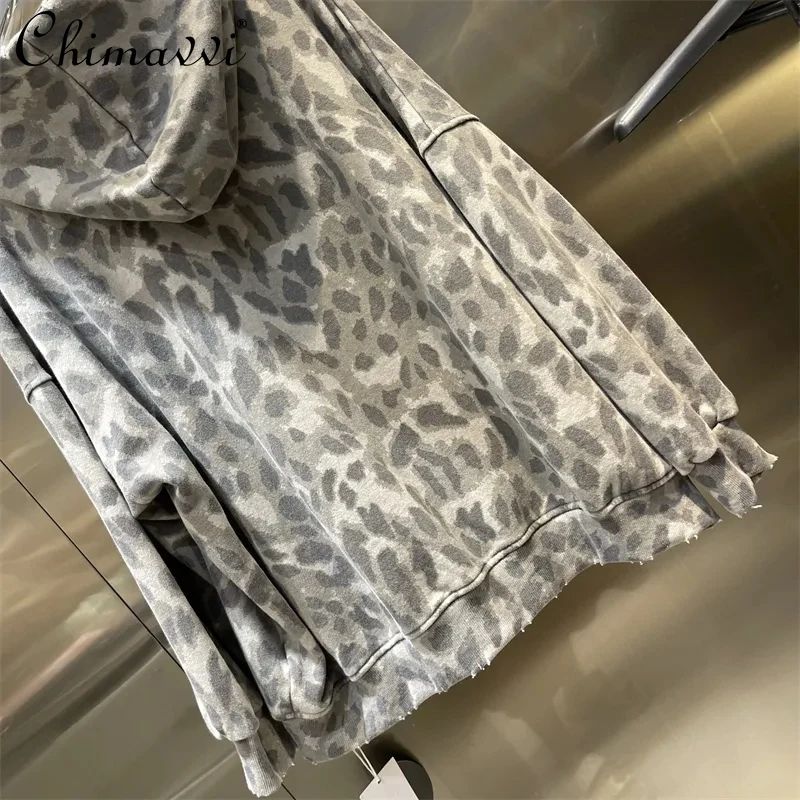 European New Autumn Leopard Print Hoodie Coat Women\'s Fashion Loose-Fitting Long Sleeves Streetwear Casual Sweatshirt Top