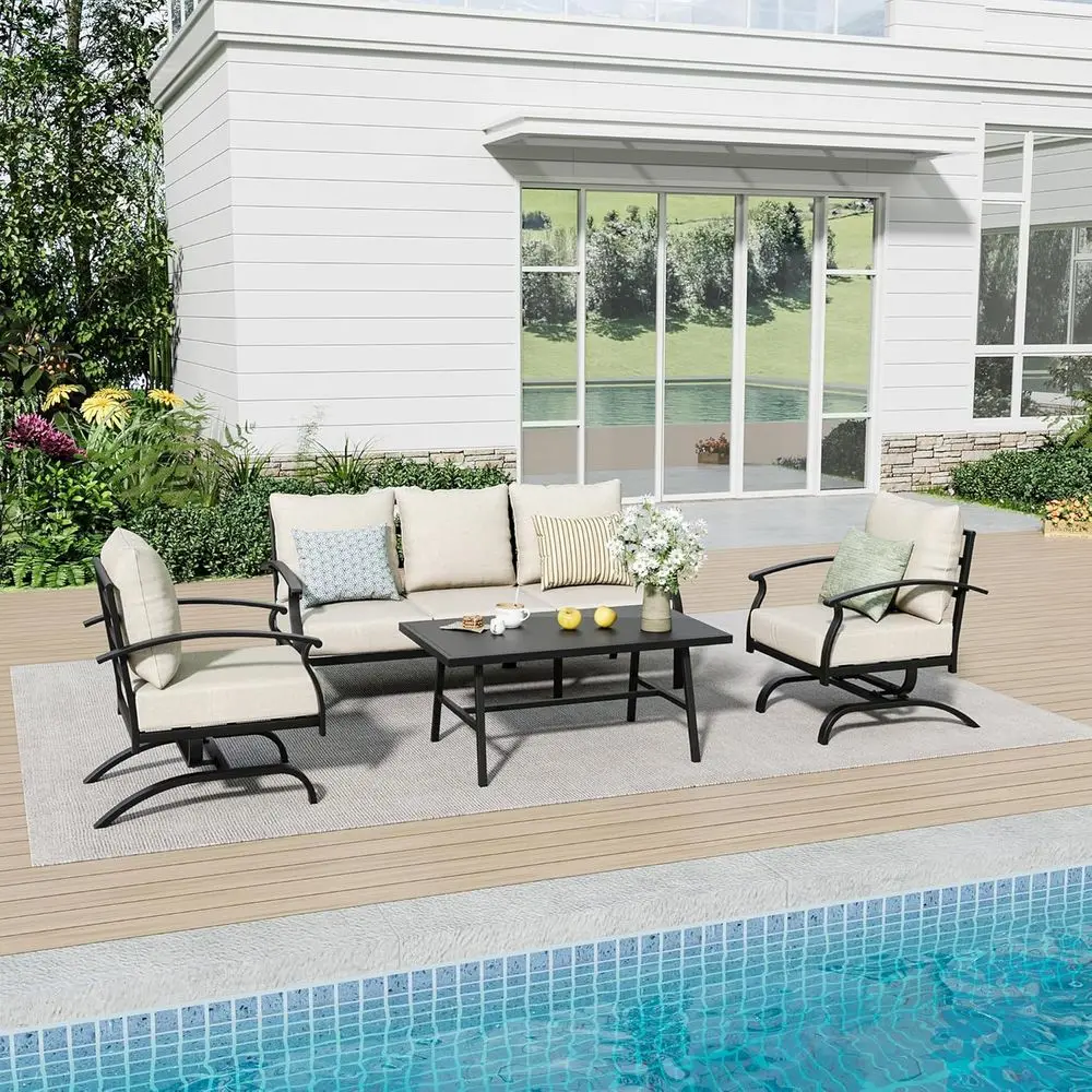 

5-Seat Outdoor Metal Bistro Set with Cushioned Rocker Chairs and Coffee Table for Patio, Garden, Deck, or Lawn in Sand Color
