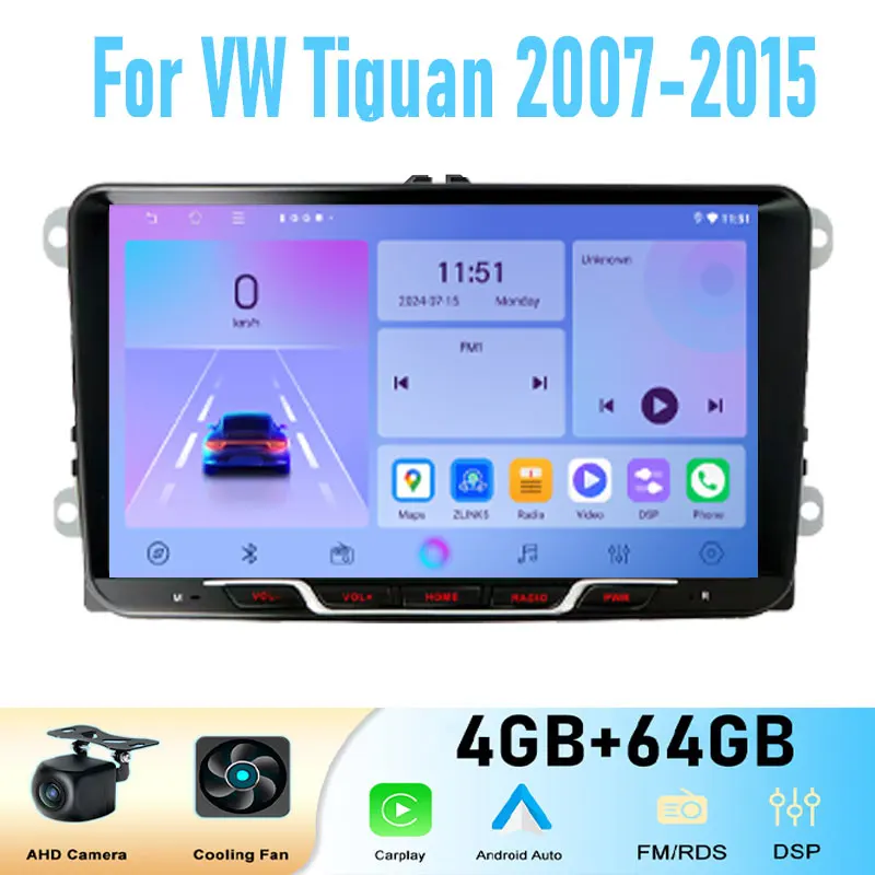 9 "para vw Tiguan 2007-2015 64GB Radio de coche inalámbrico Android 15 GPS unidad principal Carplay sistema inteligente WIFI Google BT