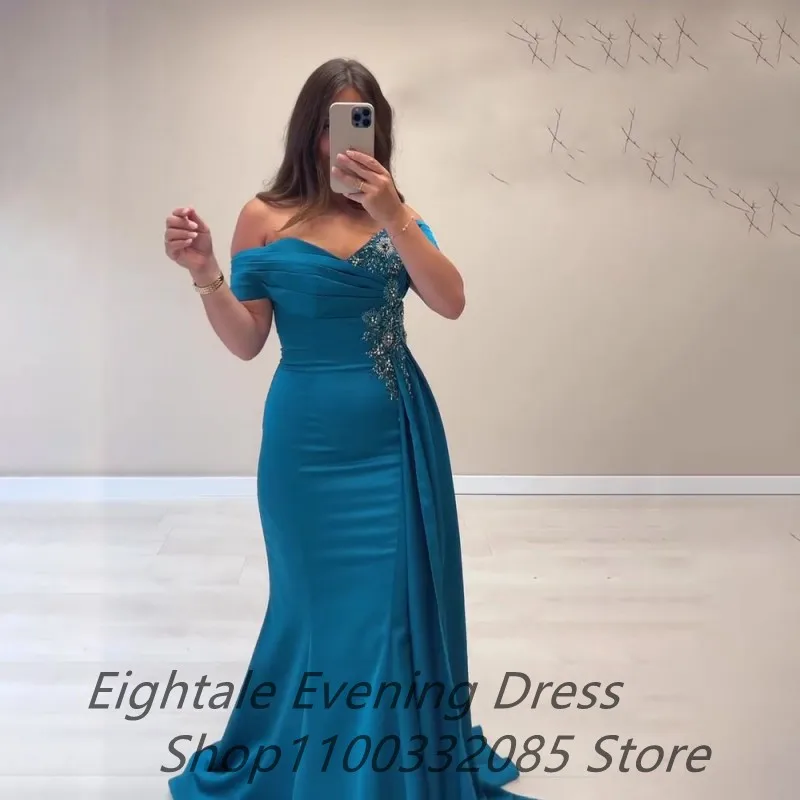 Customized Eightale Off Shouder Blue Mermaid Evening Dress Beaded Long Luxury 2022 Dubai Women Satin Formal Party Gown