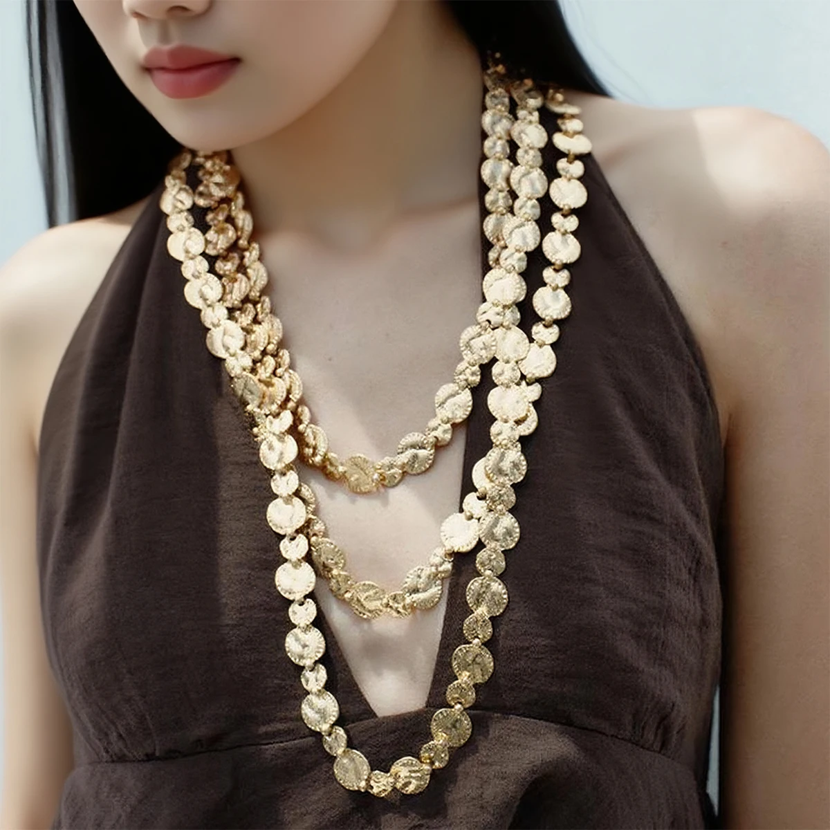 

New ZAA Personalized Metal Round Coin Link Chains Necklaces for Women 3Pcs/set Vintage Punk Jewelry Neck Accessories