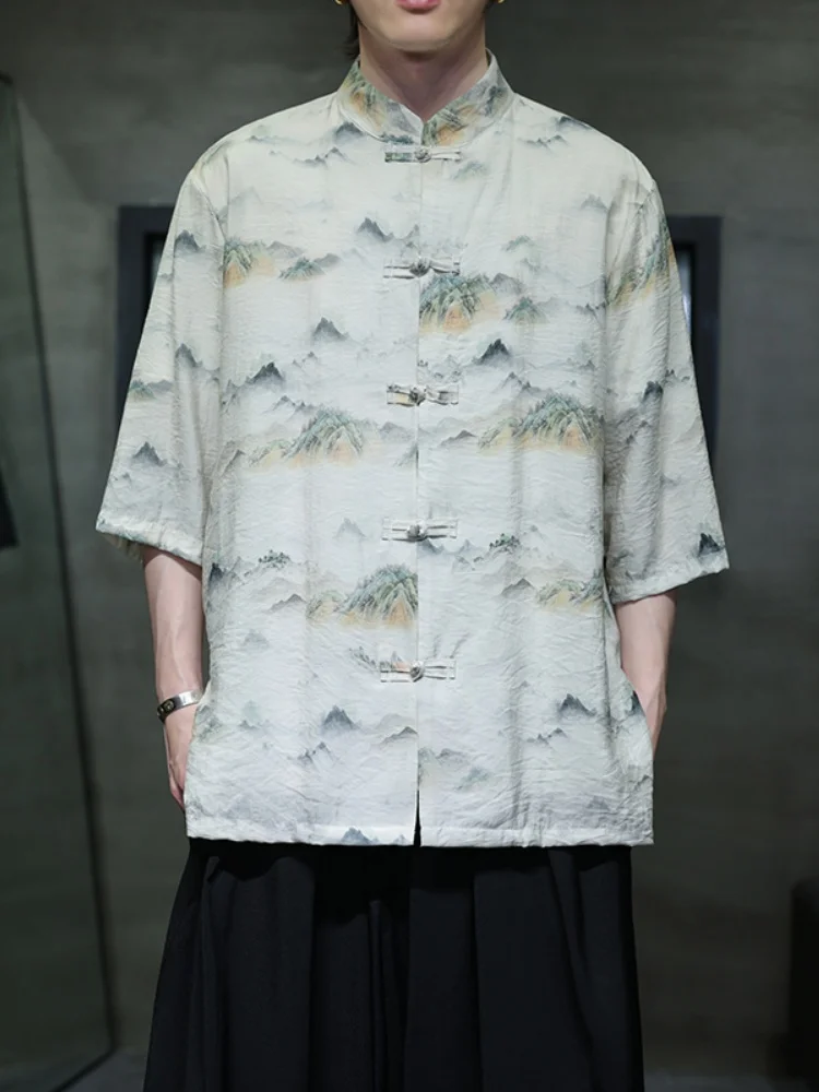 

Мужская летняя рубашка из ледяного шелка с коротким рукавом, тонкая, охлаждающая, в китайском стиле, новая модная, свободного кроя, с принтом, в стиле Ханьфу