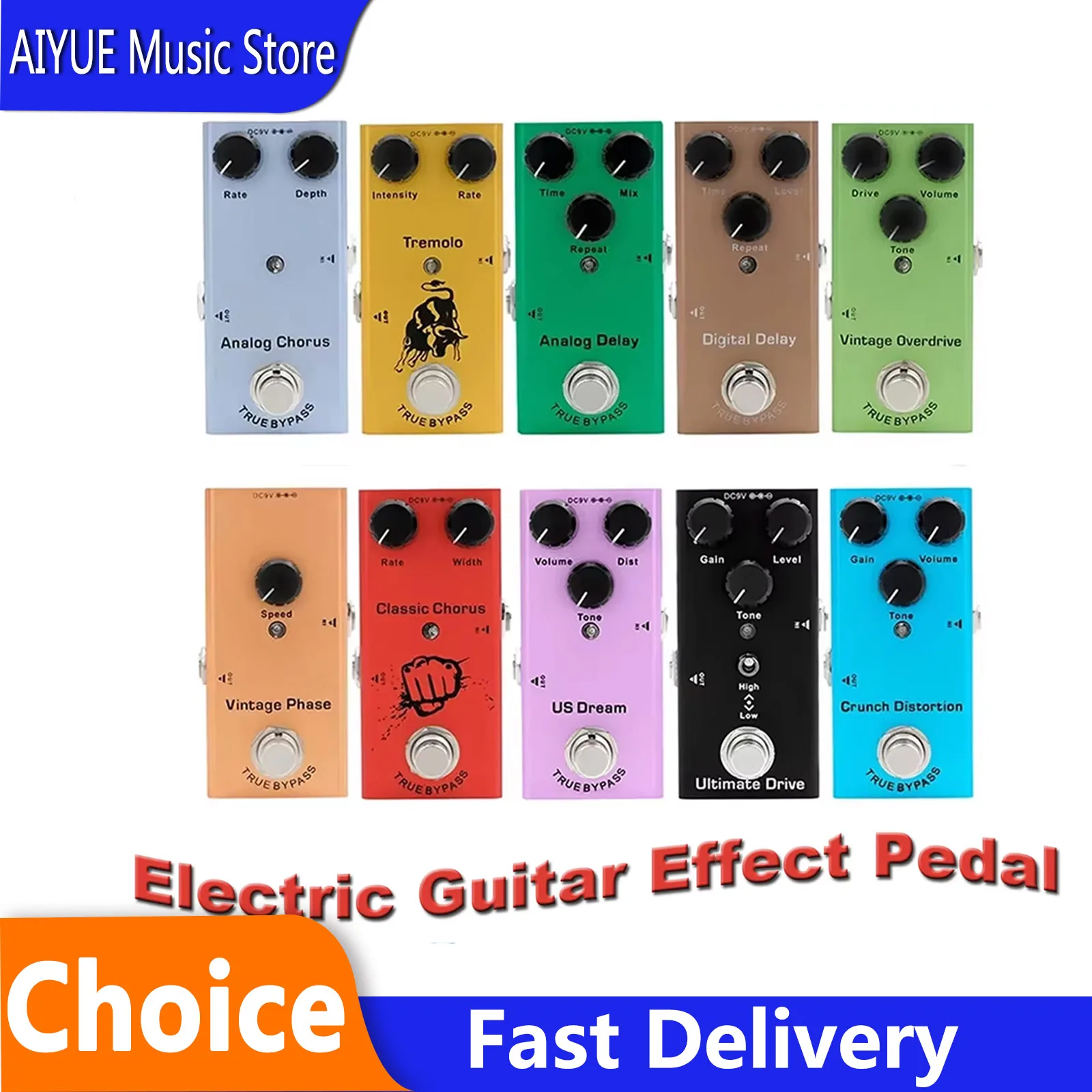 Pedal de Efeito para Guitarra Elétrica: Vintage Crunch, Distorção, Overdrive, Digital, US Dream, Delay Analógico, Chorus Clássico, Peças para Guitarra