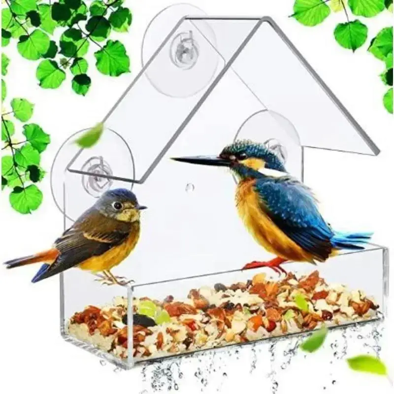 2024 Bird Feeder Transparent Food Dispenser House Outdoor Window Birdfeeder Water for Finches Chickadees