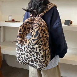 Women Preppy Leopard Fluffy Backpacks Large Capacity Autumn Winter 2024 Faux Fur Students School Bag Vintage Commuter Backpack