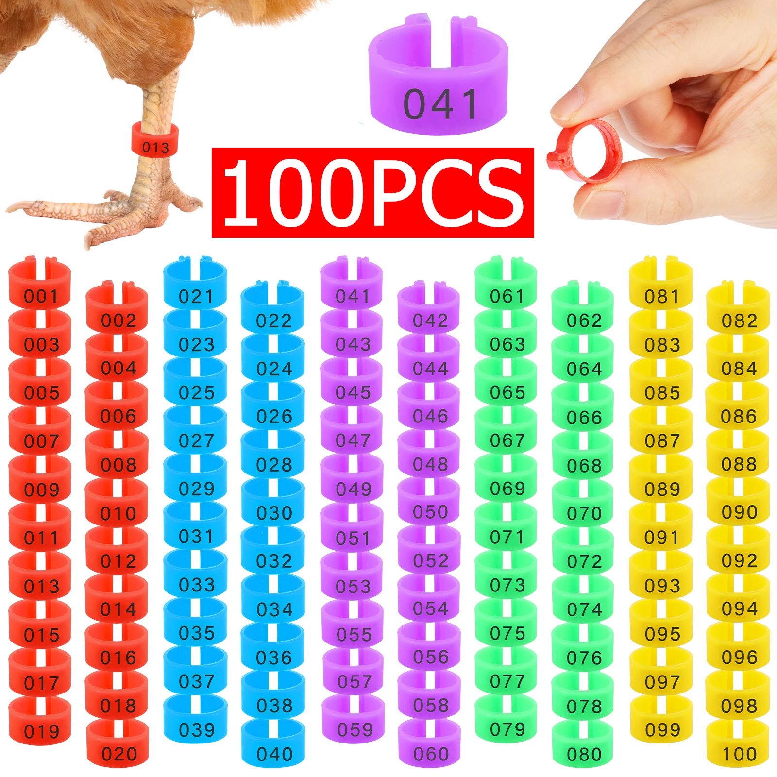 100 Anillos de Plástico Coloridos para Patas de Pollo, Anillas de Identificación Numeradas para Aves, Etiquetas para Patas de Aves de Corral, Hebillas para Patos y Gansos