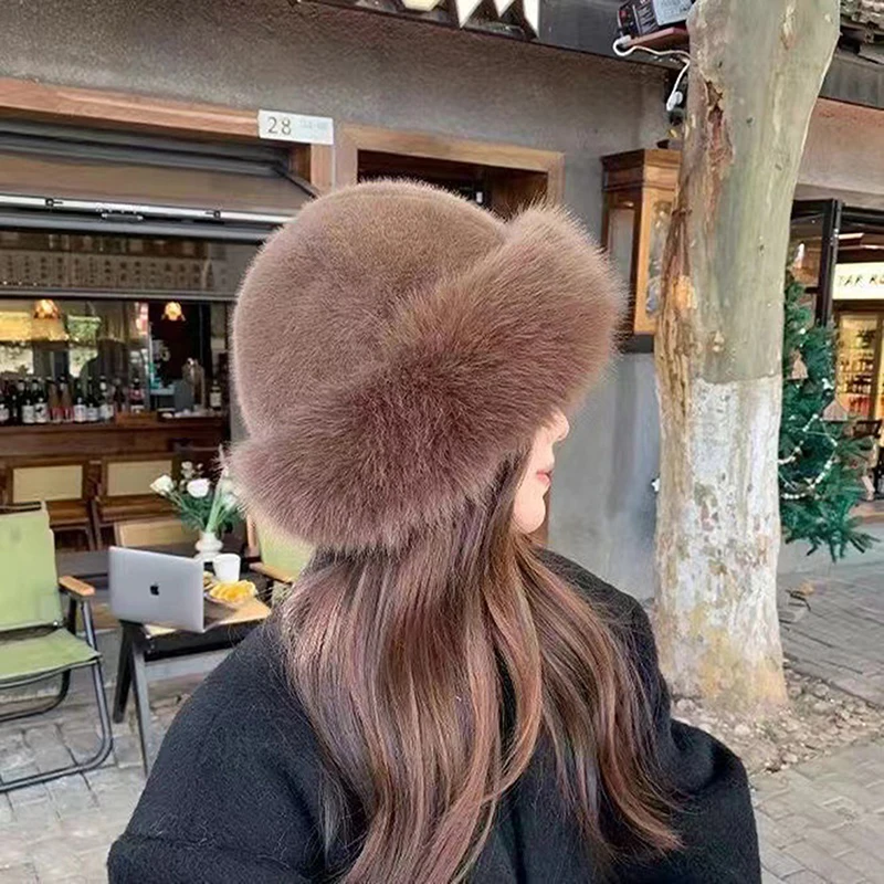 1Pcs Fluffy Fur Fisherman Hat For Women Winter Plush Ear Protection Cap Windproof Warm Headgear Fashion Female Mongolian Hats