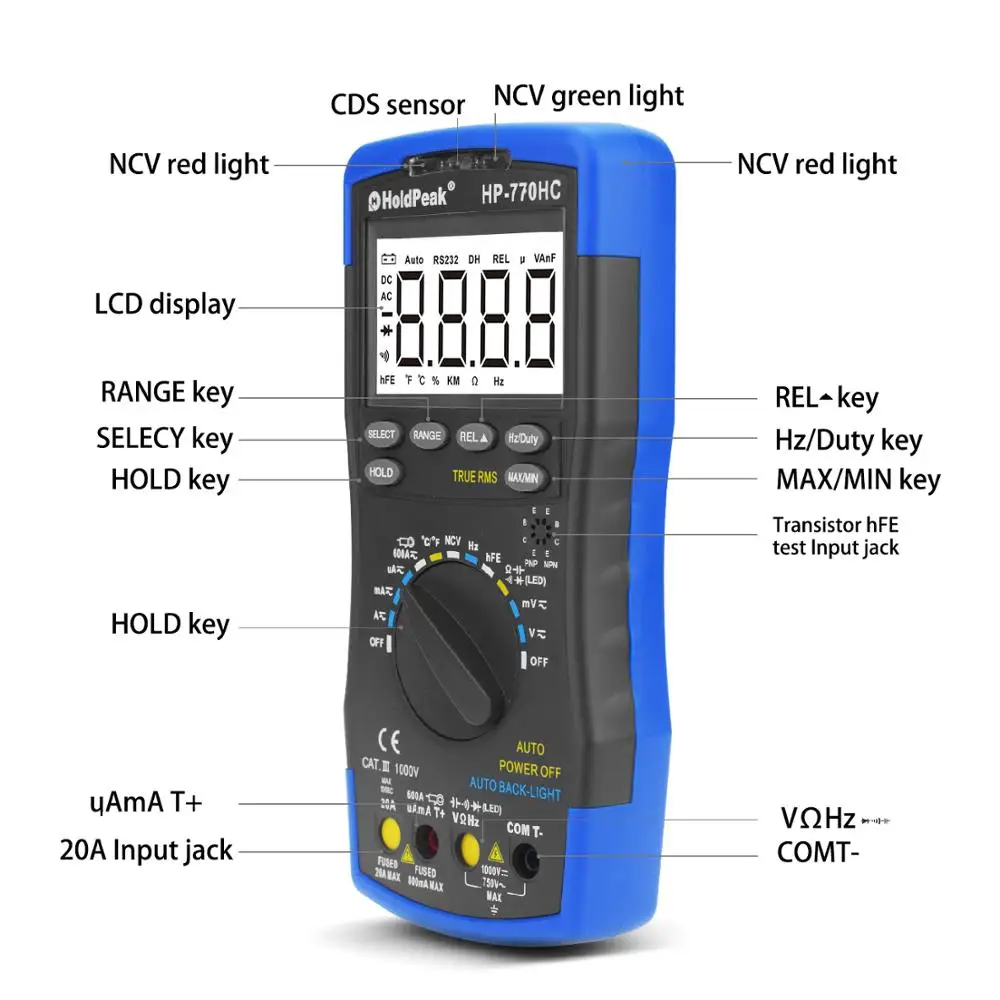 HoldPeak Digital Multimeter AC/DC True RMS Transistor Tester Electrical NCV Test Meter Profesional Auto Range Multimetro HP770HC