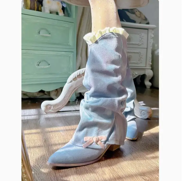 Sweet Ruffles Flower Foldover Denim Boots Pointed Toe Chunky High Heel Mid Boots Cute Bow Boots for Women Zapatos Para Mujere