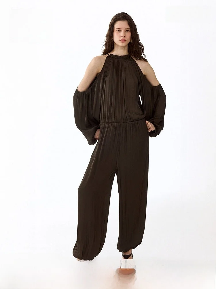 

Новый женский атласный комбинезон с открытыми плечами H&M 336973, со средней талией, длинные брюки, 100% полиэстер