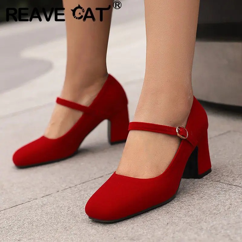 

REAVE CAT Concise Women Pumps Square Toe Flock Suede Buckle Strap Block Heels Shallow Soft Daily Female Shoes Plus Size 41 42 43