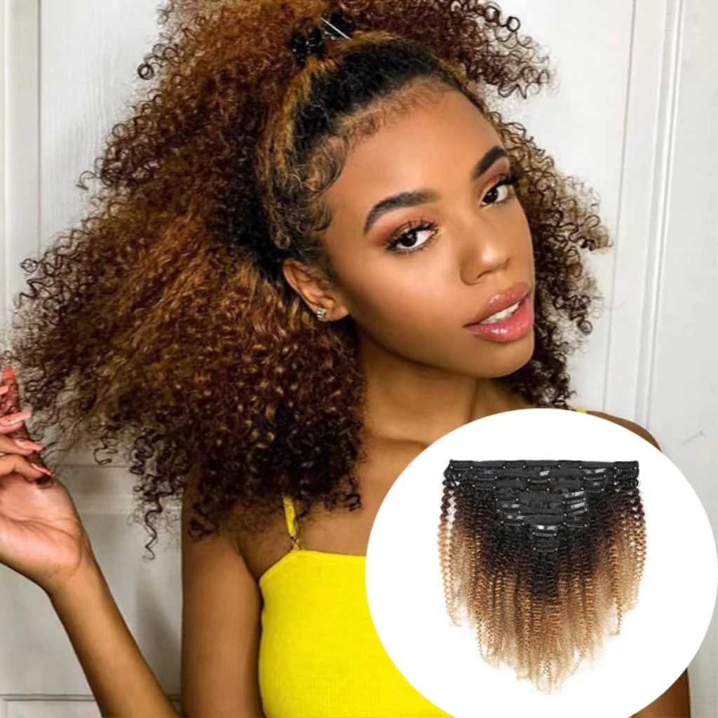 

20Inch Afro Kinky Curly Clip In Hair Extension Remy Human Hair T1B 4/27 Kinky Curly Human Hair Clip Ins Extension 120G Full Head