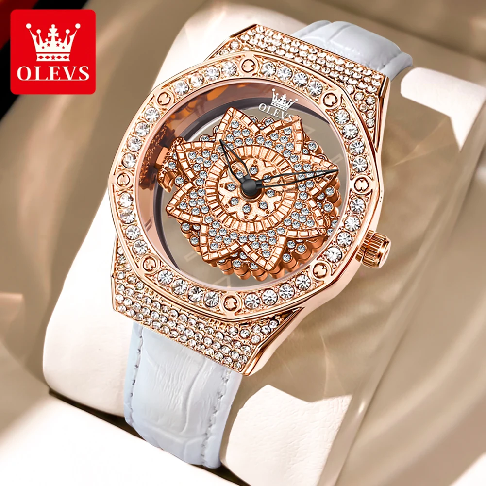 

OLEVS Rotation Dial Quartz Watch for Women Luxury Top Brand All Diamond Ladies Wristwatch Elegant Leather Strap Women's Watches