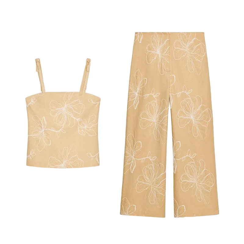 Été Faionable Svel haut brodé avec jambe large pantalons décontractés col rond Ne droit deux pièces ensemble vêtements pour femmes