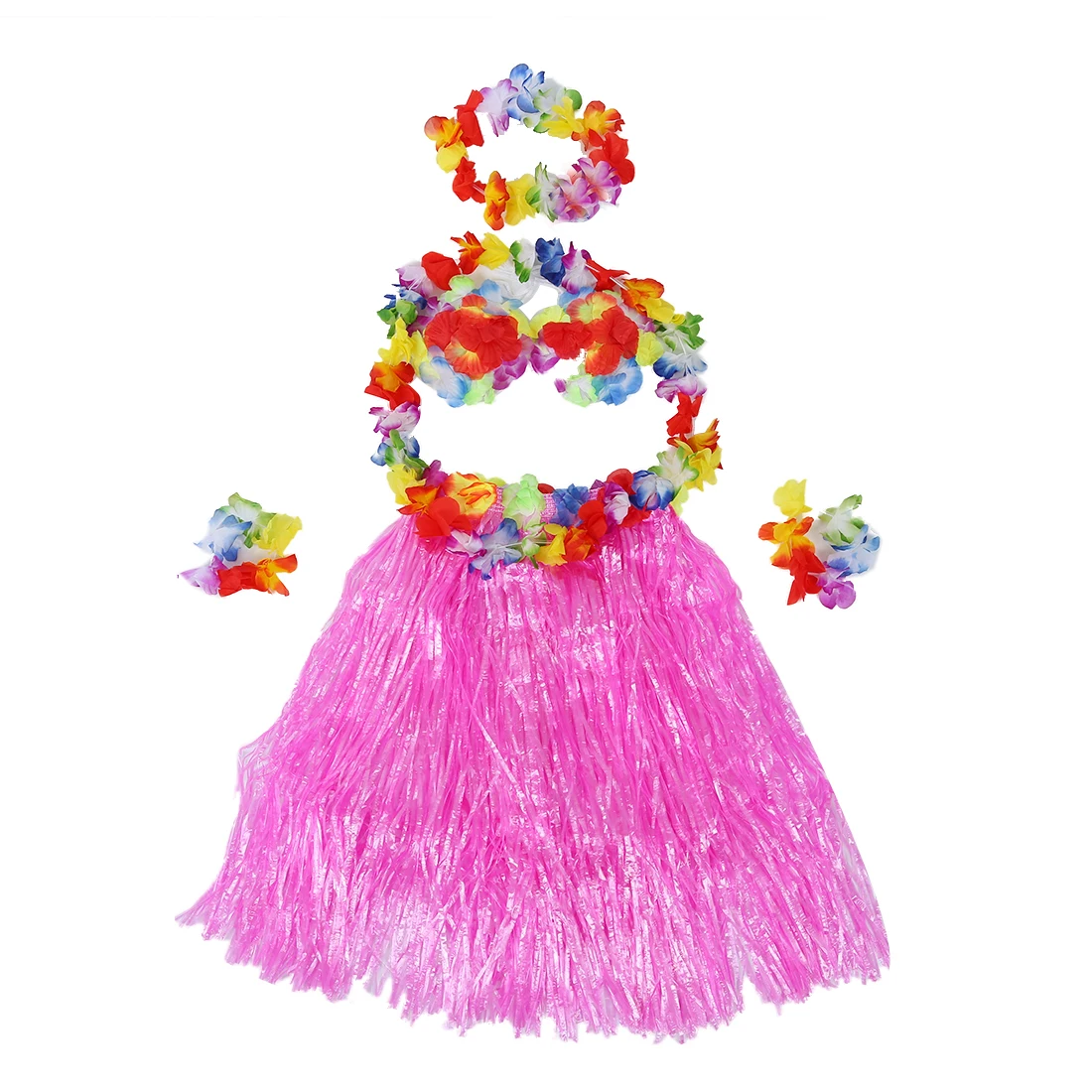 6 Set Hawaiian Grass Skirt flower Hula Lei Wristband Garland fancy Dress costume - Pink