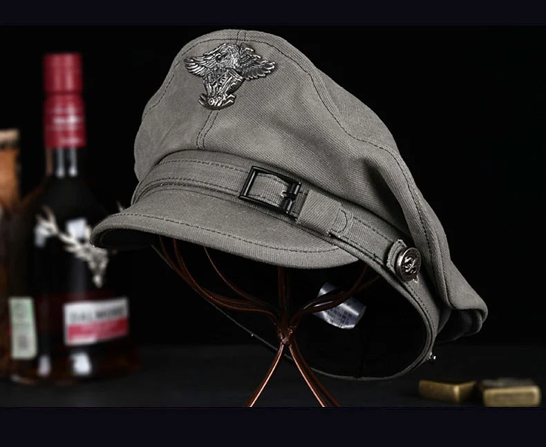 2025, Frühling, Retro-Matrosenkappe, für Herren und Damen, Hut, männlich, Segeltuch, flache Oberseite, grauer Adler, Windschutz, Gürtel, Lokomotive, Casquette – Detail 3