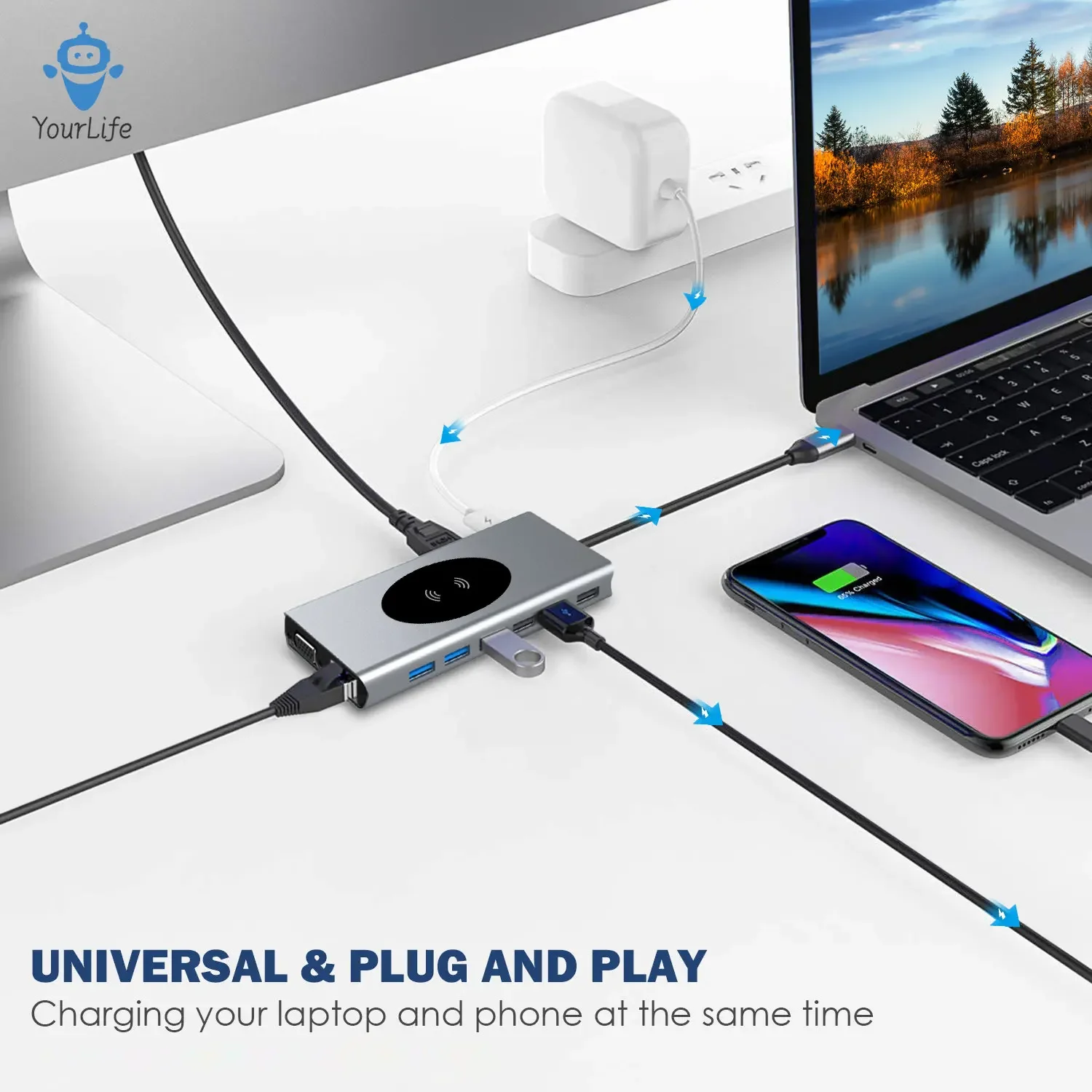 Docking station per laptop USB-C 13 in 1 Thunderbolt 4 Dock 4K HDMI per MacBook Pro Hub Type-c 15 in 1 Ricarica wireless RJ45/PD/SD