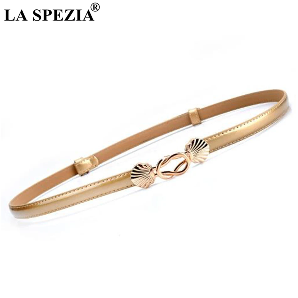 LA SPEZIA Thin Women Belt Double Buckle Blue Ladies Dress Belts Fashion Real Leather Cowskin Female Brand Narrow Waist Belts