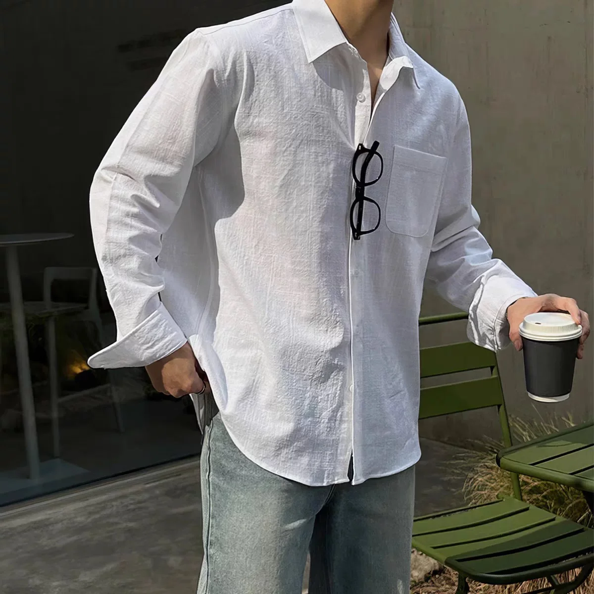 

Linen Casual Shirt Men's Slim Fit Long Sleeve Thin Breathable Pocket Style White Cotton Linen Blend Spring Summer Fashion