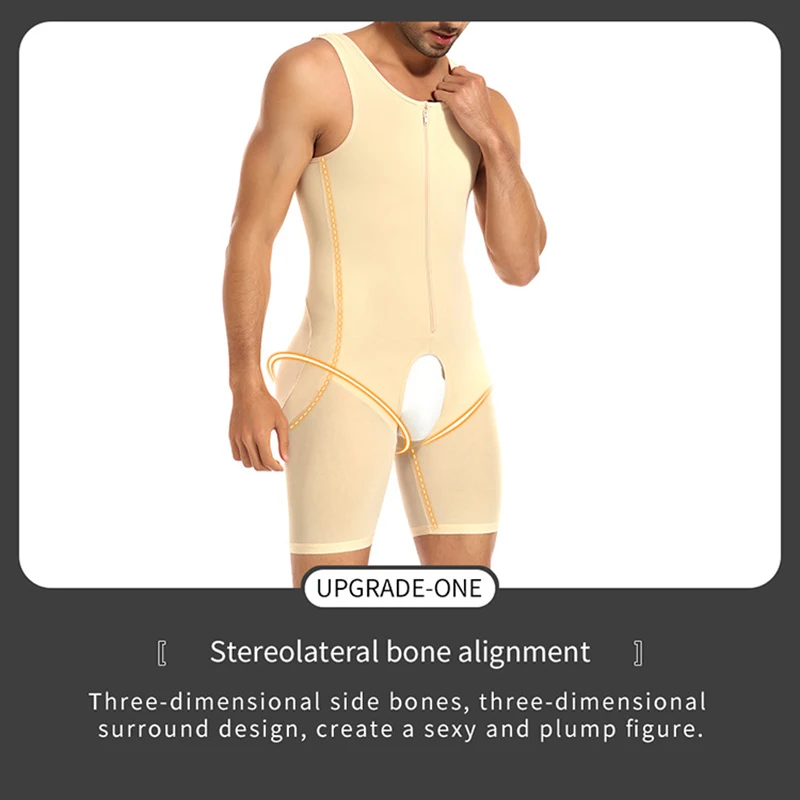 Mens Slimming Full Body Shaper with Butt Pad Compression Tummy Control Shapewear Open Crotch Male Corset Tight Shaping Underwear