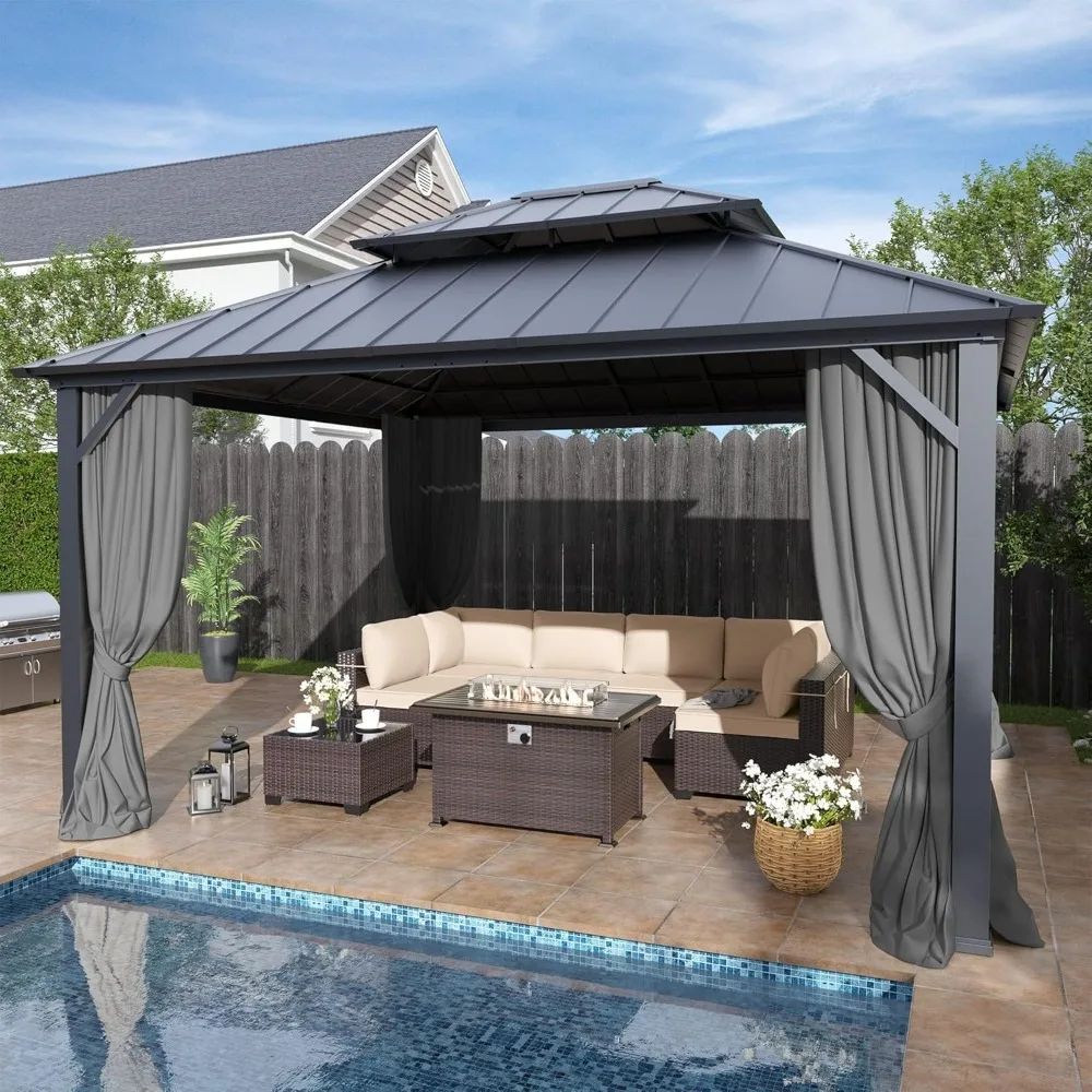 

12' x 14' Hardtop Gazebo,Outdoor Galvanized Steel Metal Double Roof Gazebo with Curtains and Netting for Patios,Gardens,Lawns