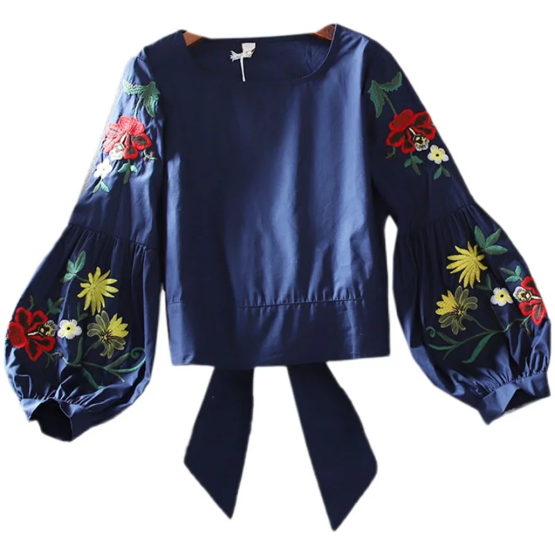 Vintage Flower Embroidery Long Lantern Sleeve Shirt Woman High Waist Loose Bow Back Cropped Cotton Blusas All-Match Tops Femme