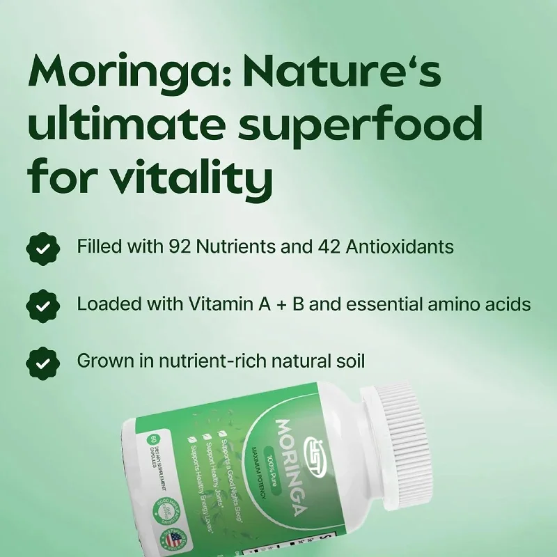 Moringa Powder Capsules Natural Green Antioxidant - Supports Energy, Skin Health, Intestinal Health+- Vitamins and Amino Acids