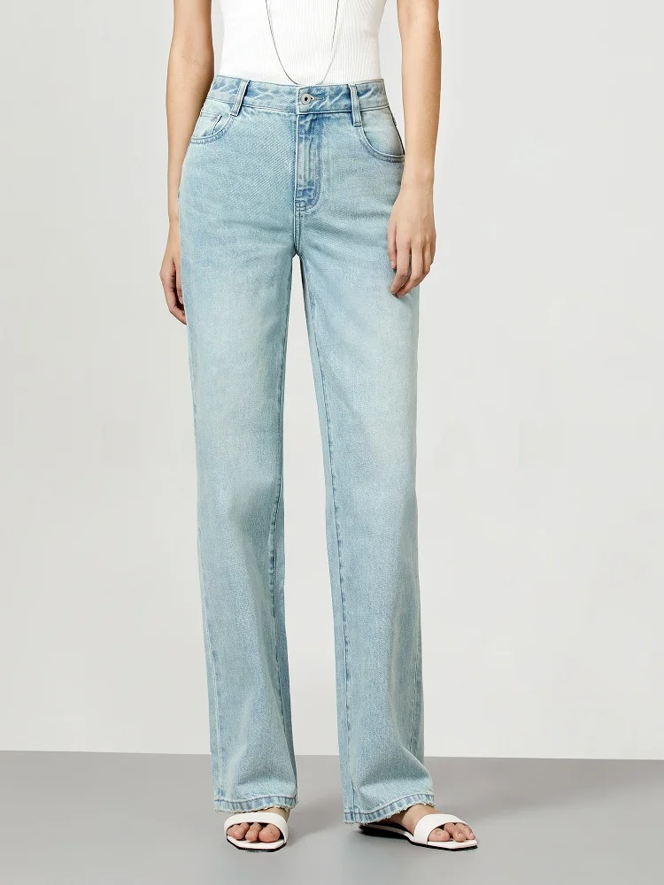 

Classic Simple High Waist Slim Fit Women's Cotton Jeans Straight Leg Blue Denim Pants Tapered Leggings Casual Straight Pants