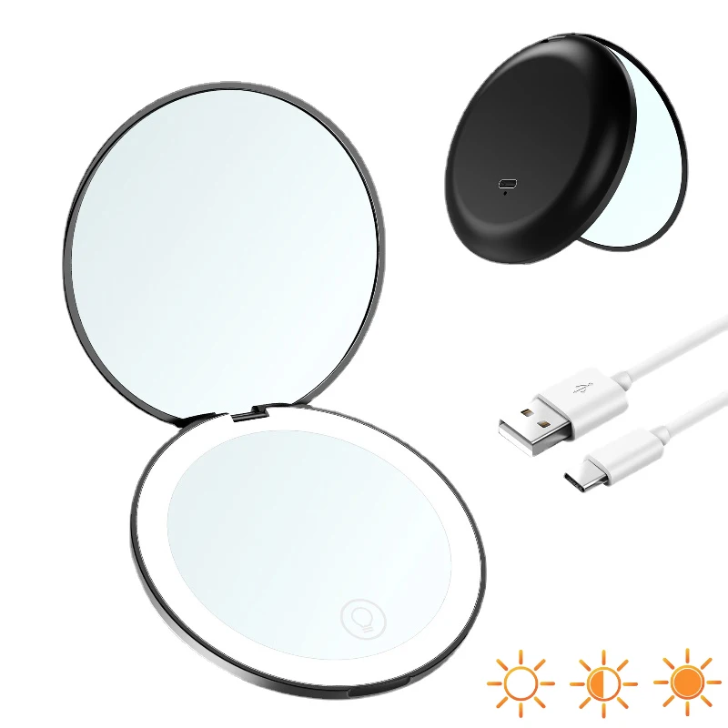 Mini Portable Folding Travel Mirror LED Light Makeup Mirror Compact Mirror 10X Magnification 2-sided Beauty Makeup Round Mirror