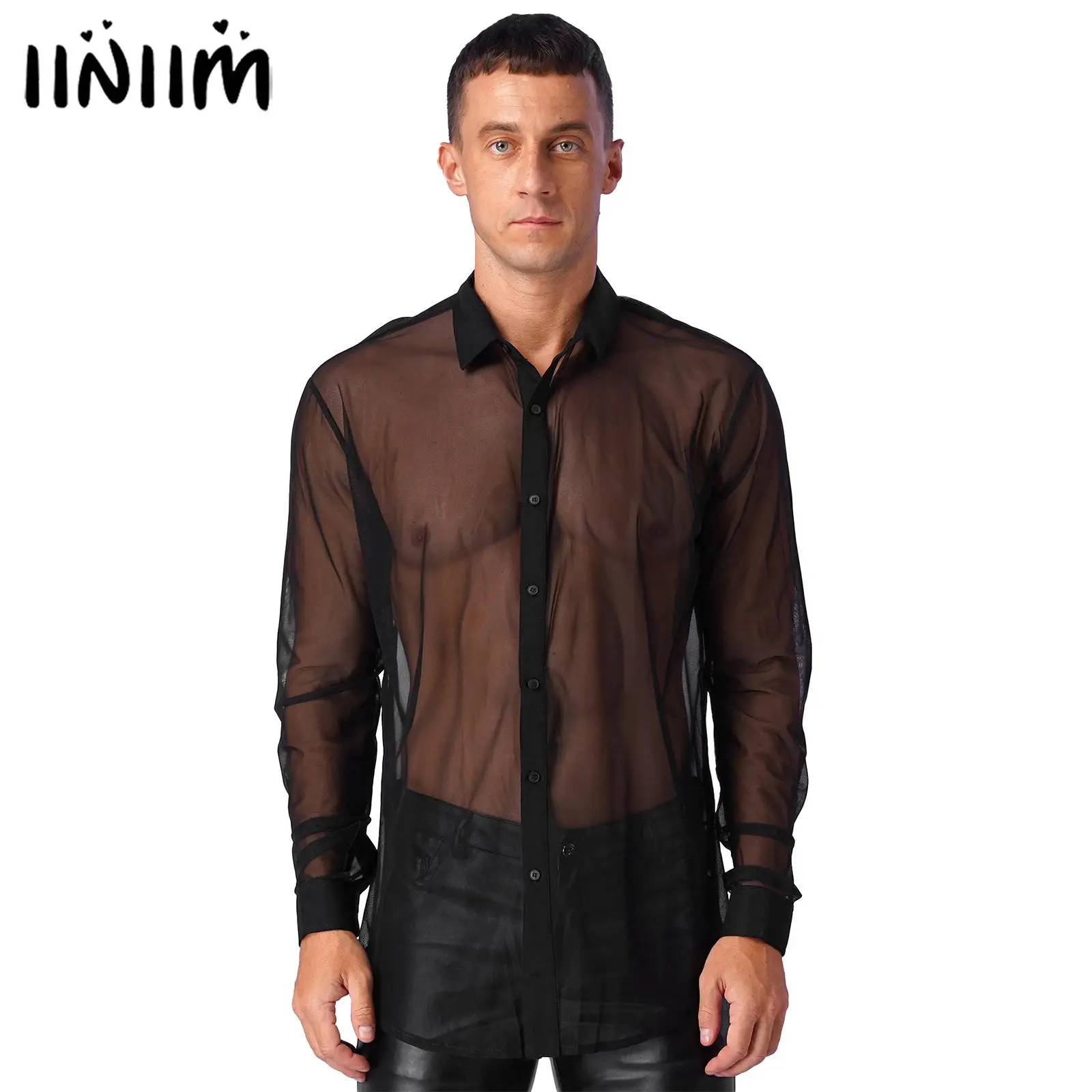 

iiniim Mens Fashion See Through Mesh Long Sleeve Clubwear Turn-down Collar Top Shirt for Club Evening Party WetLook Shirts