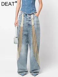 DEAT Fashion Women Jeans High Waist Hollow Out Perspective Grid Laser Nail Drill Pockets Wide Leg Pants Summer 2024 New 7AB4277