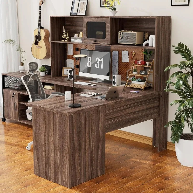 L Shaped Desk with Drawers, 60 Inch Office Desk with Power Outlet and LED Lights, Sturdy Corner Computer Desk with Hutch and