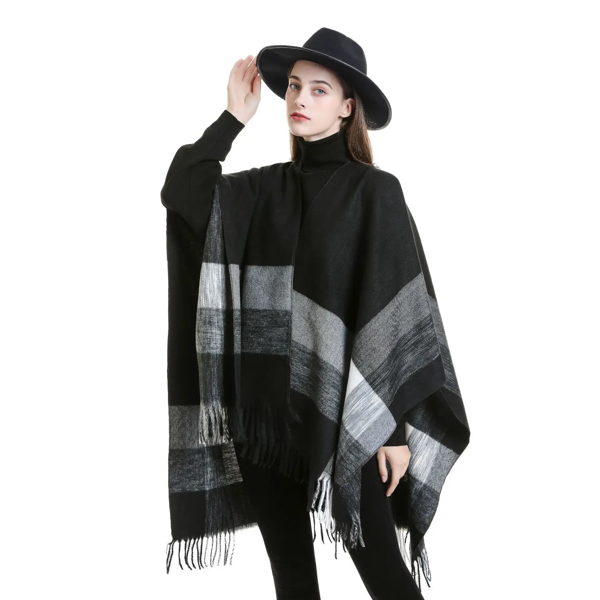 2024 new gradual change plaid shawl with cape, autumn and winter blanket warm tassel outdoor gift giving shawl