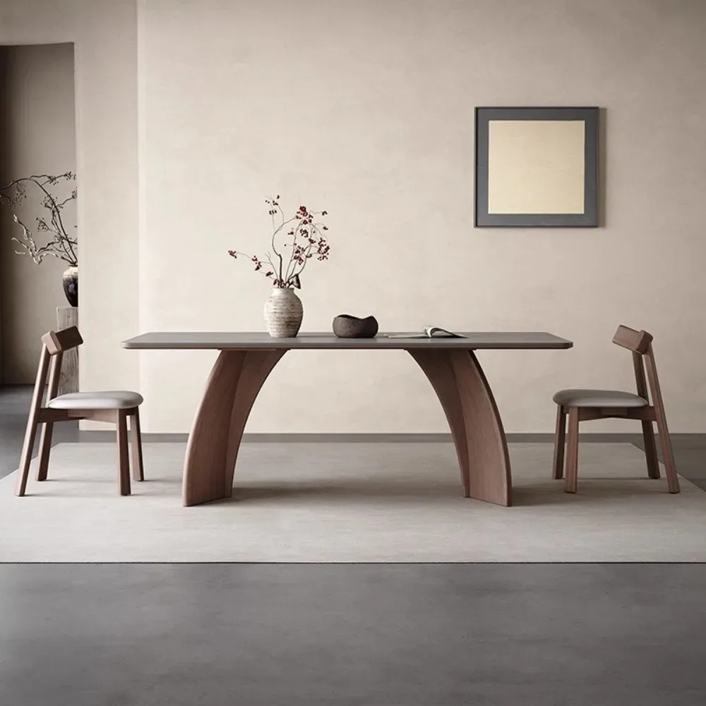 Solid Wood Sintered Stone Dining Table, Modern Simple Walnut Rectangular Macchiato Tabletop for  Apartment Household Dining Room
