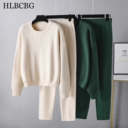 HLBCBG 2 szt. Sweter komplety damskie dresowe sweter z okrągłym dekoltem + luźne spodnie elegancki sweter sweter + dzianinowe spodnie typu marchewki