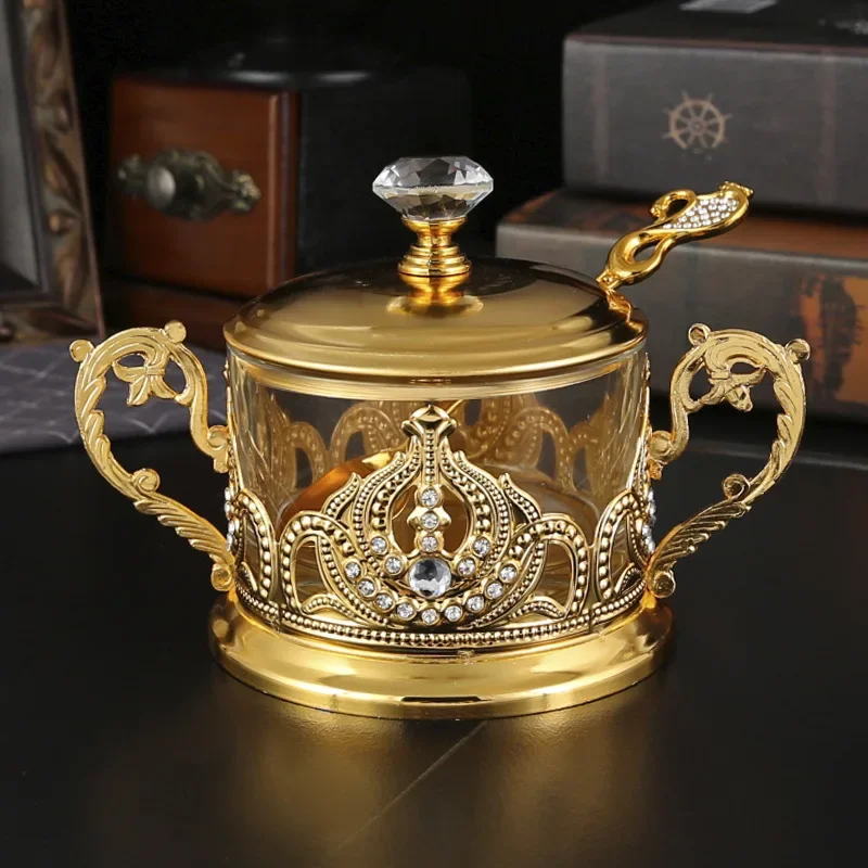 

2025 hot-selling spot metal large sugar cup household European seasoning jar glass restaurant with spoon set